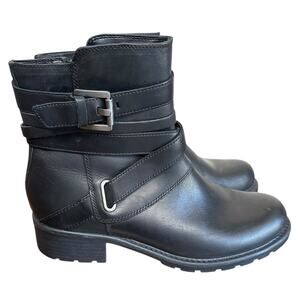 Clarks Women's Orinoco Sash Black Leather Moto Ankle Boots Block Heel Zip Size 8